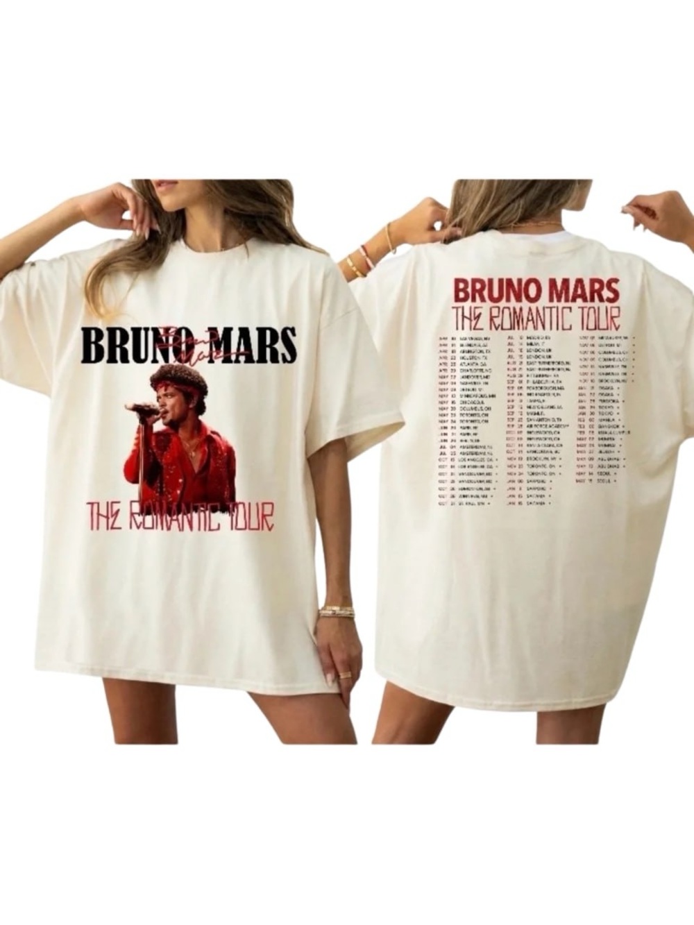 Cream Short Sleeve Graphic Tee with Red Front Photo and Back Tour Print